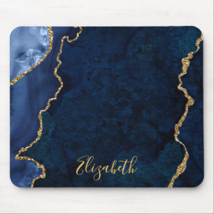 Vattenfärgsblått Guld-marmor-agate-geode Musmatta