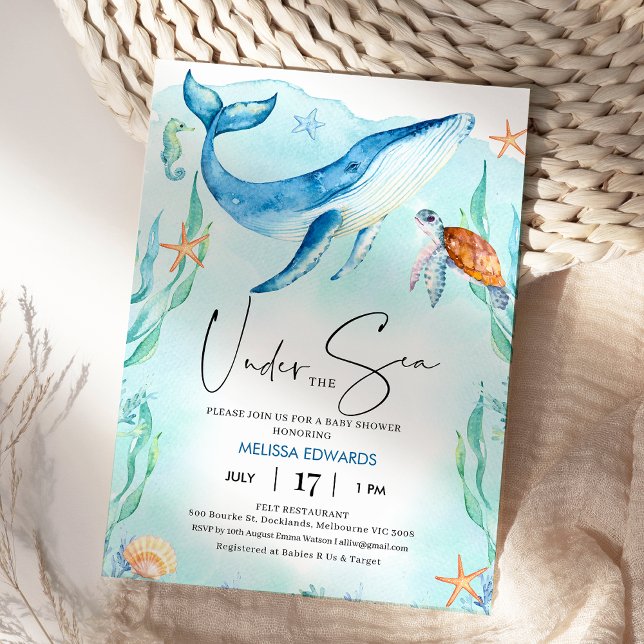 Vattenfärgsblått hav under Sea Baby Shower Inbjudningar (Under the Sea Baby Shower Invitation Template Boy, Editable Ocean Themed Baby Shower Invite Whale)