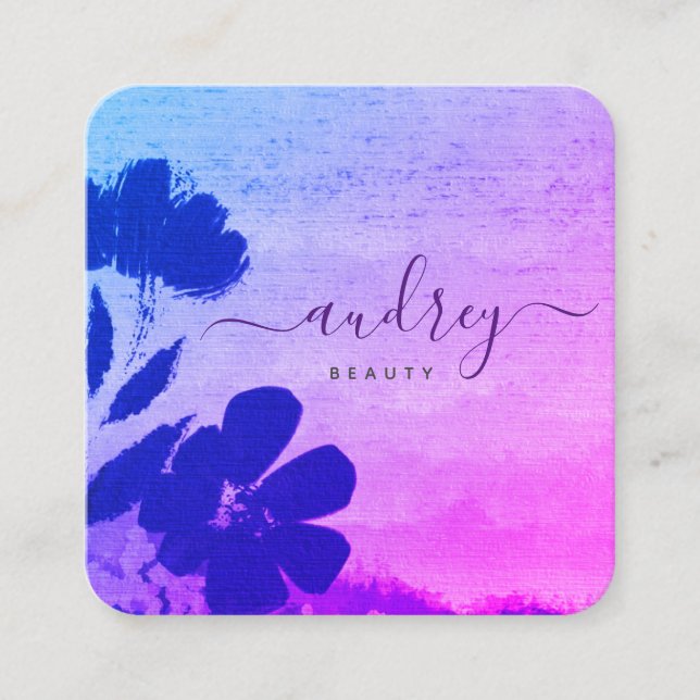 Vattenfärgsblått Himlar och Rosa Blommigt Fyrkantigt Visitkort (Framsida)