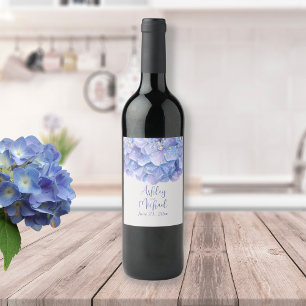 Vattenfärgsblått Hydrangea Bröllop Guests gåvor Vinflaska Etikett