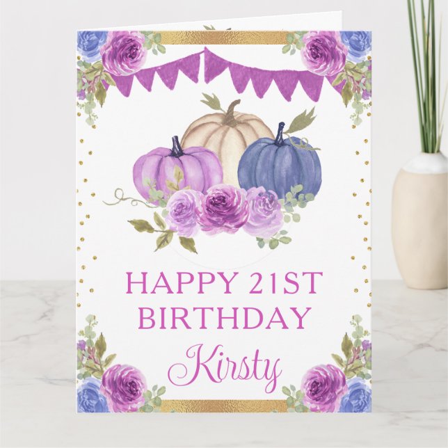 Vattenfärgsblått Lila Blommigt Pumpkins Birthday Kort (Framsida)