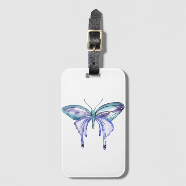 Vattenfärgsblått lila-fjäril bagagebricka (Framsida vertikal)