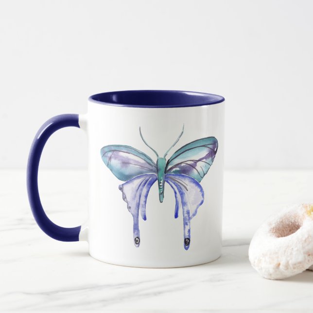 Vattenfärgsblått lila-fjäril mugg (Med munk)