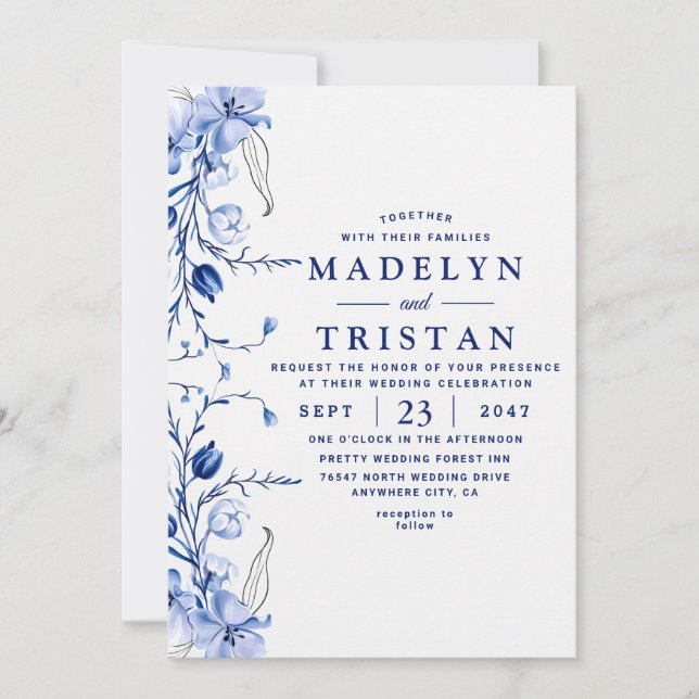 Vattenfärgsblått minimalistiskt Rustic Blommigt Br Inbjudningar (Framsida)