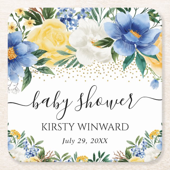 Vattenfärgsblått och Gula blommor babykläder Underlägg Papper Kvadrat (Framsidan)