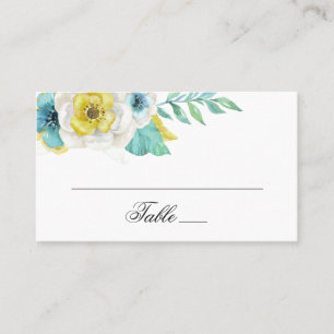 Vattenfärgsblått och gula blommor. Blommigt bröllo Placeringskort