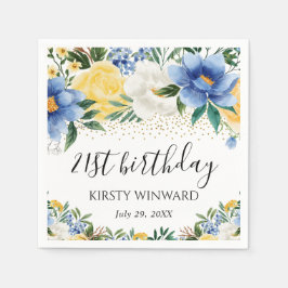Vattenfärgsblått och Gula blommor födelsedag Pappersservett