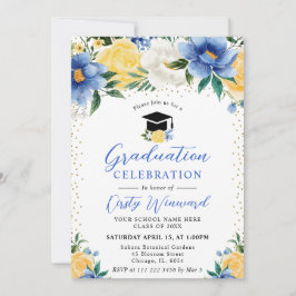 Vattenfärgsblått och Gula blommor Studenten Inbjudningar
