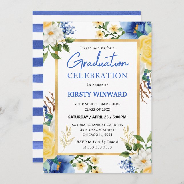 Vattenfärgsblått och Gula blommor Studenten Inbjudningar (Fram/baksida)