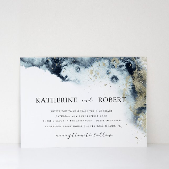 Vattenfärgsblått och Guld minimalistiskt Bröllop Inbjudningar (Skapare uppladdad)
