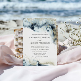 Vattenfärgsblått och Guld minimalistiskt Bröllop Inbjudningar