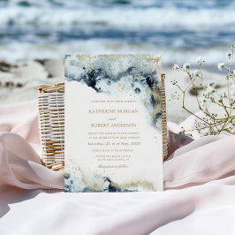 Vattenfärgsblått och Guld minimalistiskt Bröllop Inbjudningar