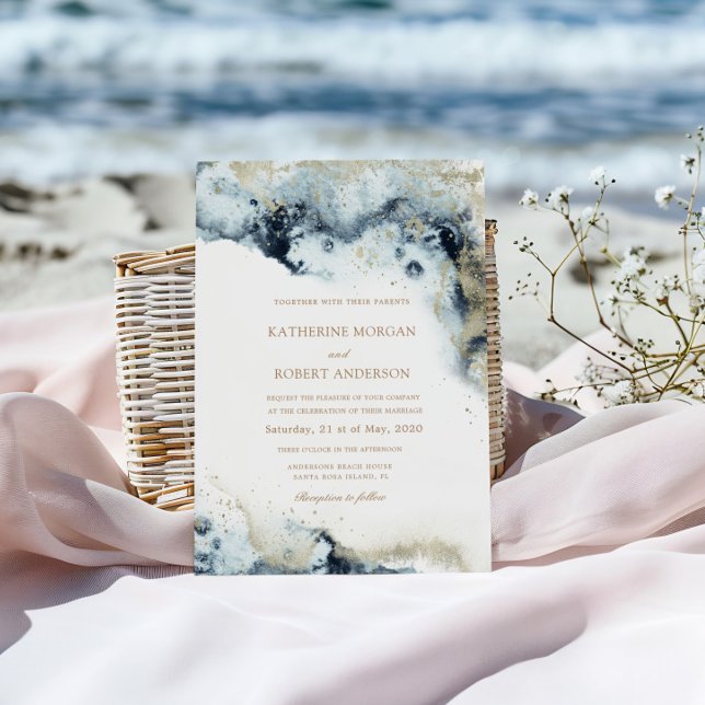 Vattenfärgsblått och Guld minimalistiskt Bröllop Inbjudningar (Skapare uppladdad)