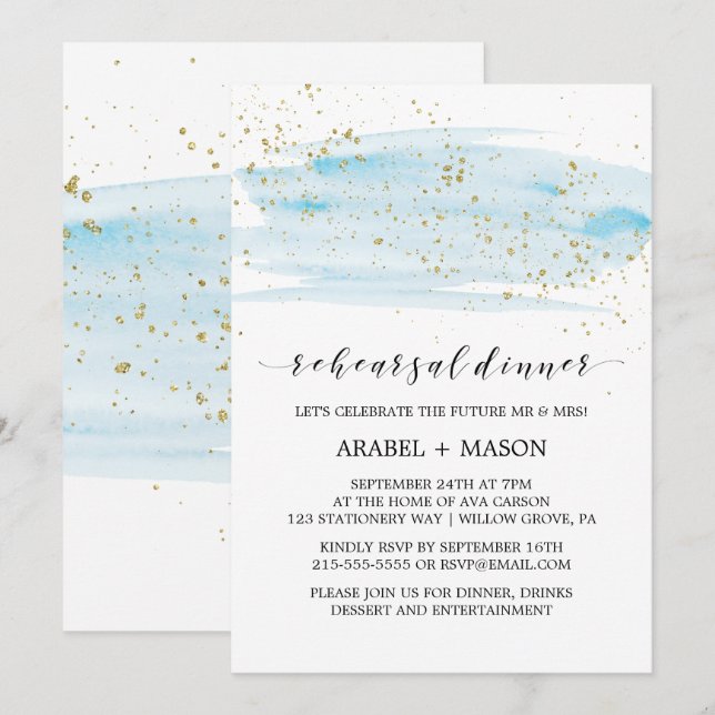 Vattenfärgsblått och Guld Rehearsal Middag Inbjudningar (Fram/baksida)