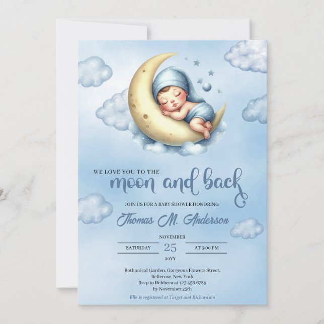 Vattenfärgsblått och gult måne och ryggpojke inbjudningar (Framsida)