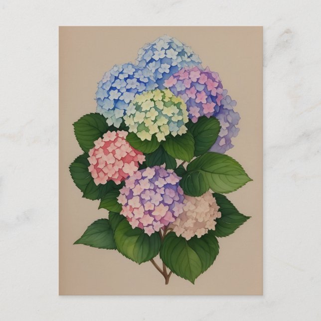 Vattenfärgsblått och Lila Hydrangea Flower Vykort (Framsida)