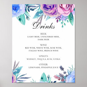 Vattenfärgsblått och rosa blommigt bröllop dricker poster