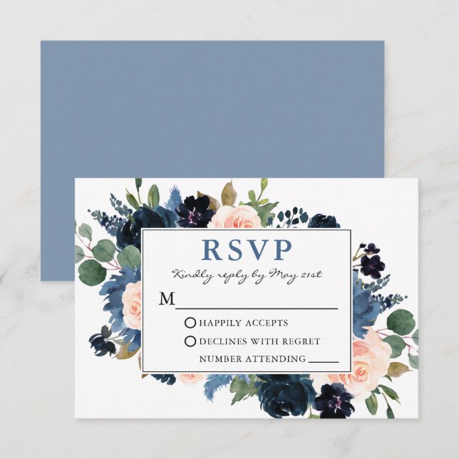 Vattenfärgsblått och Rosa Blommigt Bröllop OSA Kort (Fram/baksida)