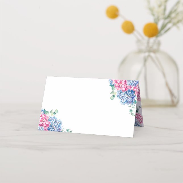 Vattenfärgsblått och Rosa Hydrangea Bröllop Placeringskort (Framsida)
