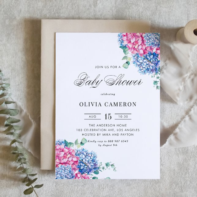 Vattenfärgsblått och Rosa Hydrangeas Baby Shower Inbjudningar (Customizable Baby Shower Invitation with Watercolor Blue and Pink Hydrangea Flowers)