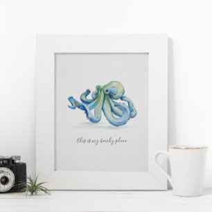 Vattenfärgsblått oktopus Motiverande Poster