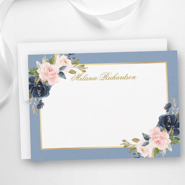 Vattenfärgsblått Rosa Blommigt Dusty Blue - Välj S Anteckningskort (Customize to change text color, add more text or to change color of back of card.)