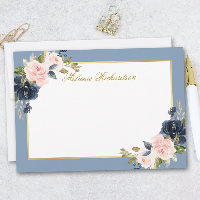 Vattenfärgsblått Rosa Blommigt Dusty Blue - Välj S Anteckningskort (Customize to change text color, add more text or to change color of back of card.)