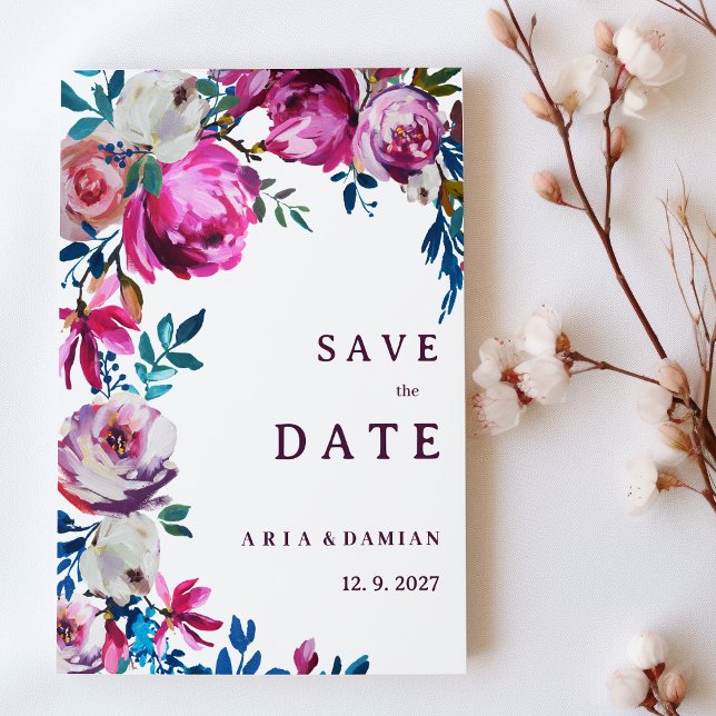 Vattenfärgsblått rosa blommigt lila Spara datum Inbjudningar (Watercolor pink blue purple floral Save the Date )