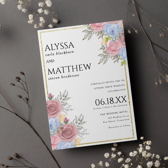 Vattenfärgsblått rosa guld land blommigt bröllop inbjudningar (Watercolor pink blue gold country floral wedding invitation )