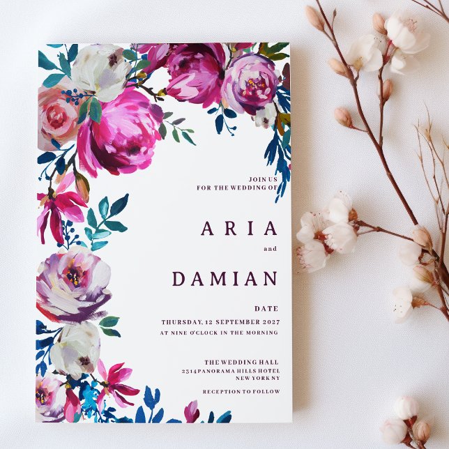 Vattenfärgsblått rosa lila, vit blommigt Bröllop Inbjudningar (Watercolor pink blue purple white floral Wedding )