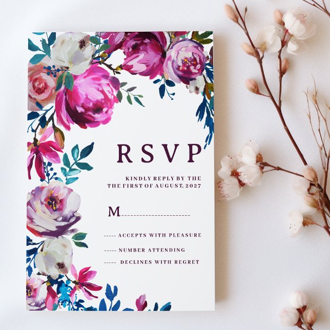 Vattenfärgsblått rosa lila, vit blommigt OSA Inbjudningar (Watercolor pink blue purple white floral RSVP)