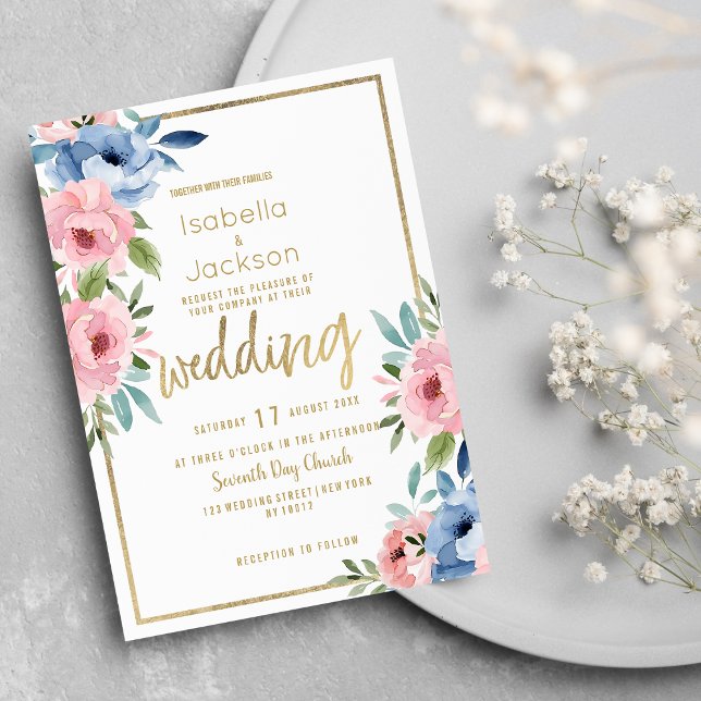 Vattenfärgsblått rosa, vitt guld blommigt Bröllop Inbjudningar (Watercolor pink blue white gold floral Wedding)