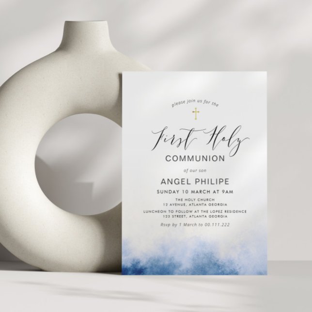 vattenfärgsblått skript första heligan, kommando inbjudningar (Skapare uppladdad)