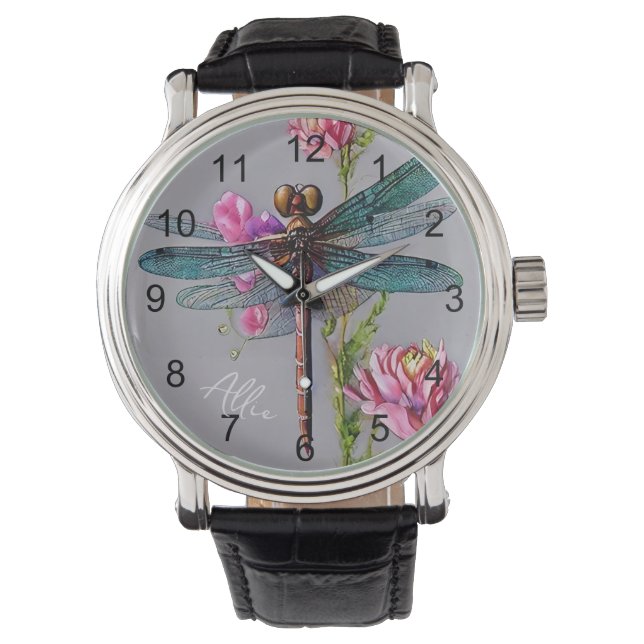 Vattenfärgsblått Vinge Dragonfly Armbandsur (Framsida)