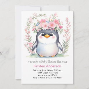 Vattenfärgsblissfull Cute Penguin Girl Baby Shower Inbjudningar