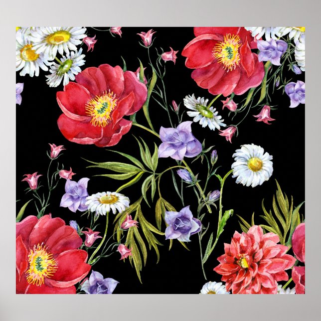 Vattenfärgsblomma Bouquet: Sömlös Mönster Poster (Framsidan)