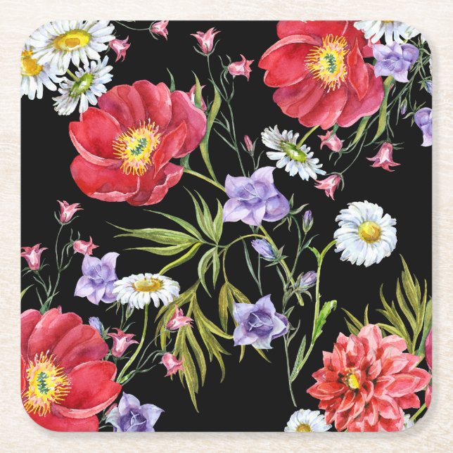 Vattenfärgsblomma Bouquet: Sömlös Mönster Underlägg Papper Kvadrat (Framsidan)