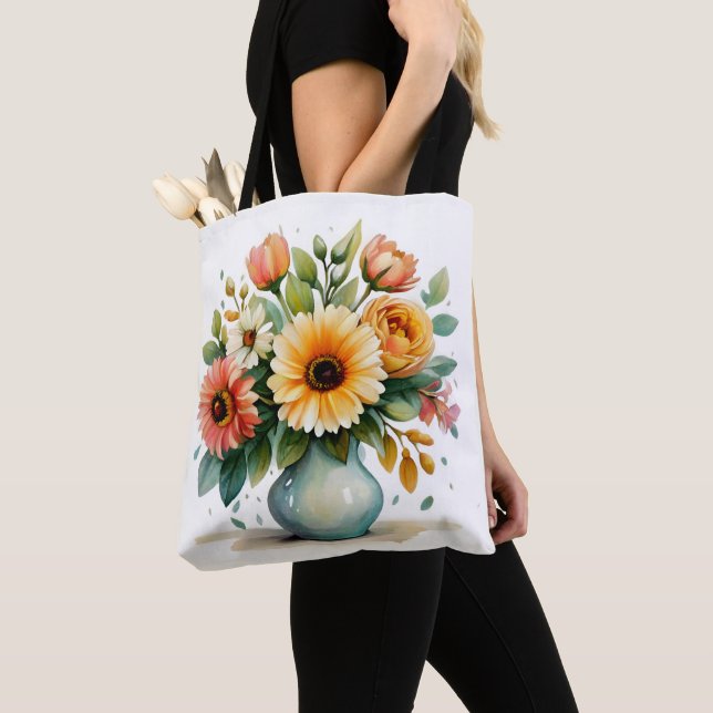 Vattenfärgsblomma Bouquet Tygkasse (Närbild)