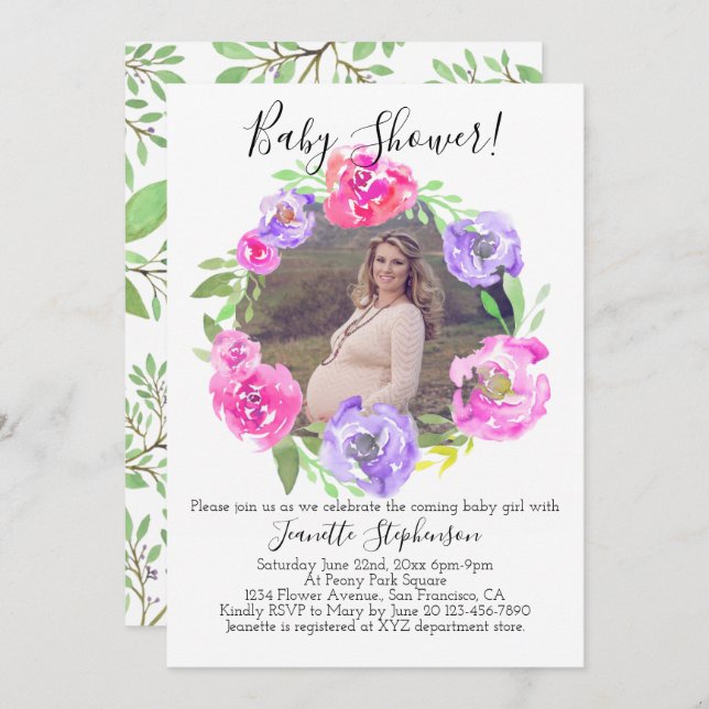Vattenfärgsblomma Foto Girl Baby Shower Inbjudningar (Fram/baksida)