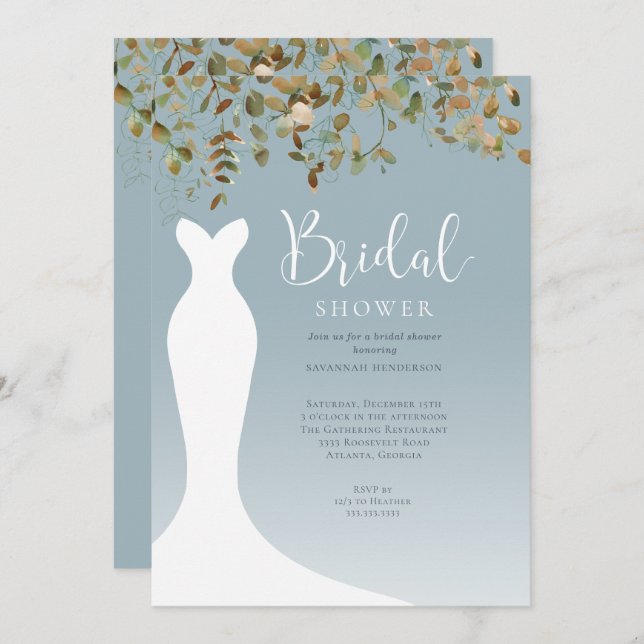 Vattenfärgsblomma Greenery Dusty Blue-Möhippa Inbjudningar (Fram/baksida)