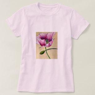 Vattenfärgsblomma i rosa av vallmokonst t shirt