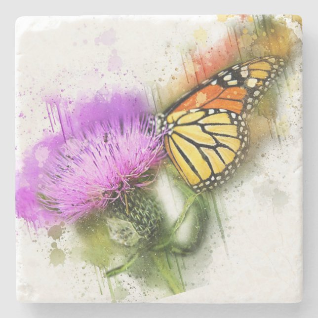 Vattenfärgsblomma, Monarch Butterfly och Wildblomm Stenunderlägg (Framsidan)