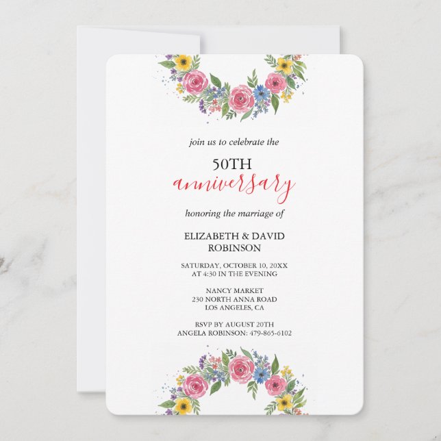 Vattenfärgsblomma unik 50-årsdag bröllop inbjudningar (Framsida)