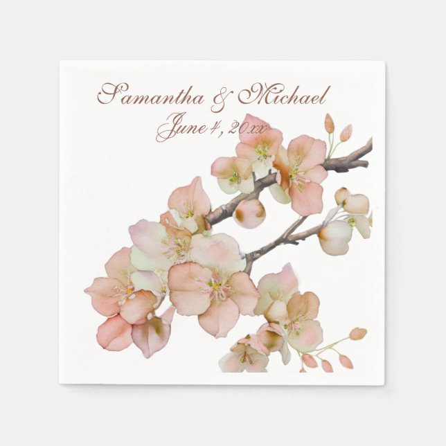 Vattenfärgsblommar med mjuk orange rosa grönt träd pappersservett (Framsidan)