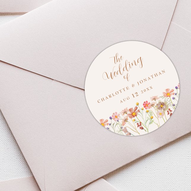 VattenfärgsBlommigt Boho Rustic Bröllop Runt Klistermärke (Boho fall Wildflower custom Wedding stickers autumn watercolor florals elegant script )