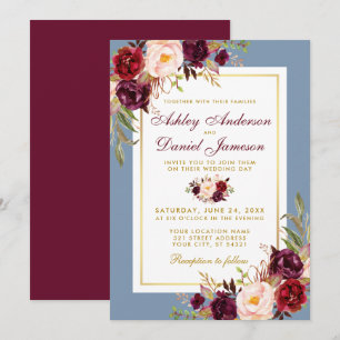 VattenfärgsBlommigt Dusty Blue Bröllop Burgundy Inbjudningar