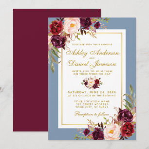 VattenfärgsBlommigt Dusty Blue Burgundy Guld Bröll Inbjudningar