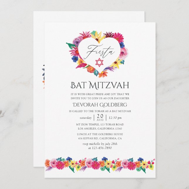 VattenfärgsBlommigt Fiesta Bat mitzvah Inbjudningar (Fram/baksida)