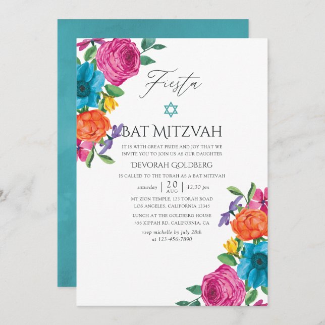 VattenfärgsBlommigt Fiesta Bat mitzvah Inbjudningar (Fram/baksida)