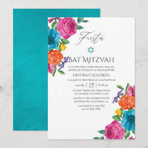 VattenfärgsBlommigt Fiesta Bat mitzvah Inbjudningar